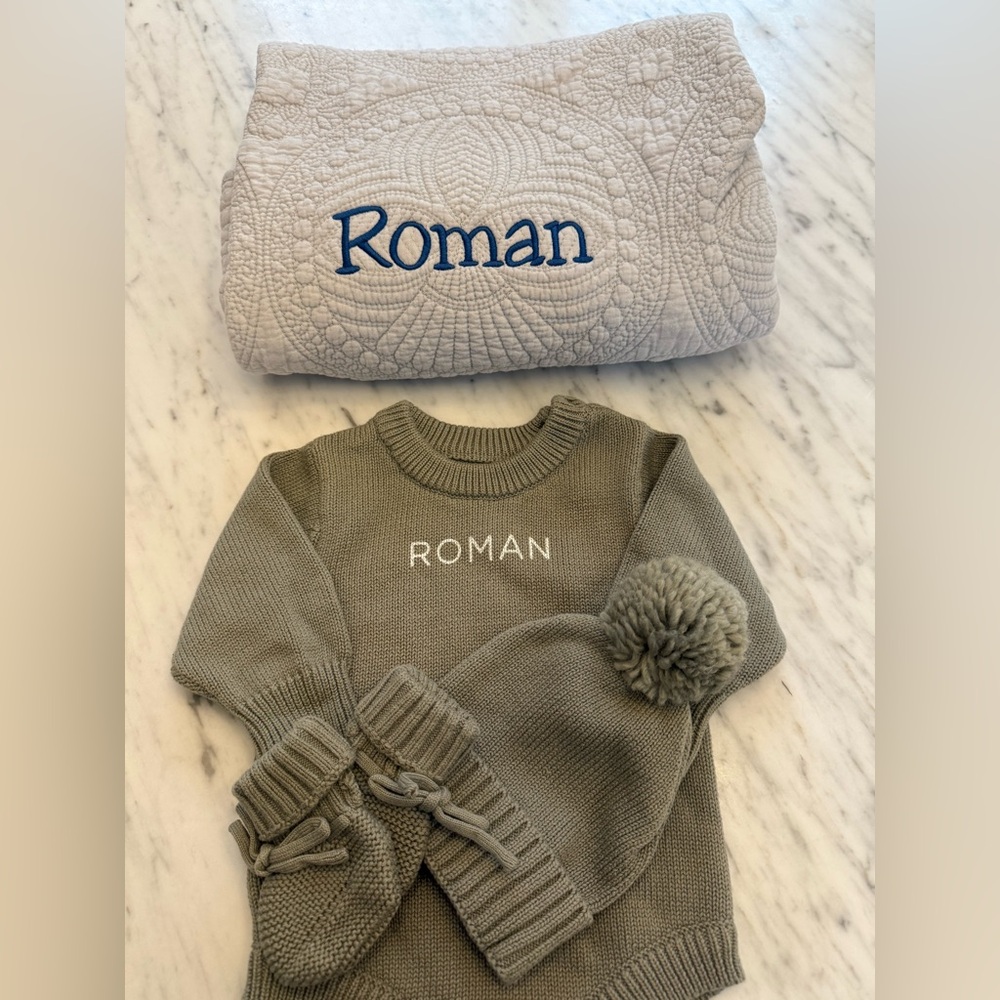 Caden Lane Personalized Knit Sweater Bubble Romper, Hat, and Booties - Roman
